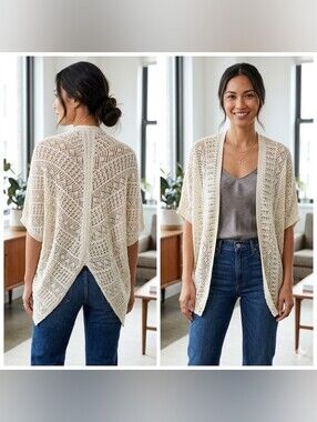 Open-Knit 100% Cotton Cream Short- Dolman Sleeve Boho Cardigan Sweater